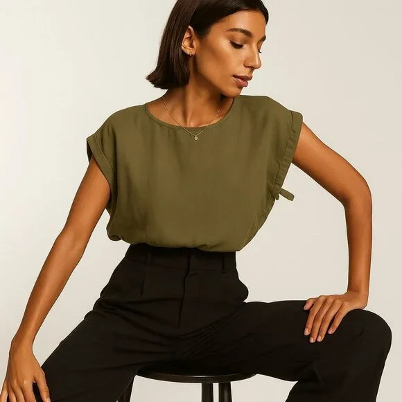 Everlane Linen Side Tie Top Olive Green Minimalist Capsule Wardrobe S - Picture 12 of 13